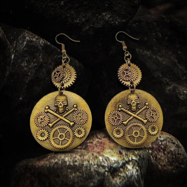 Steampunk Pirate Earrings Antique Bronze Skull and Gear Dangles