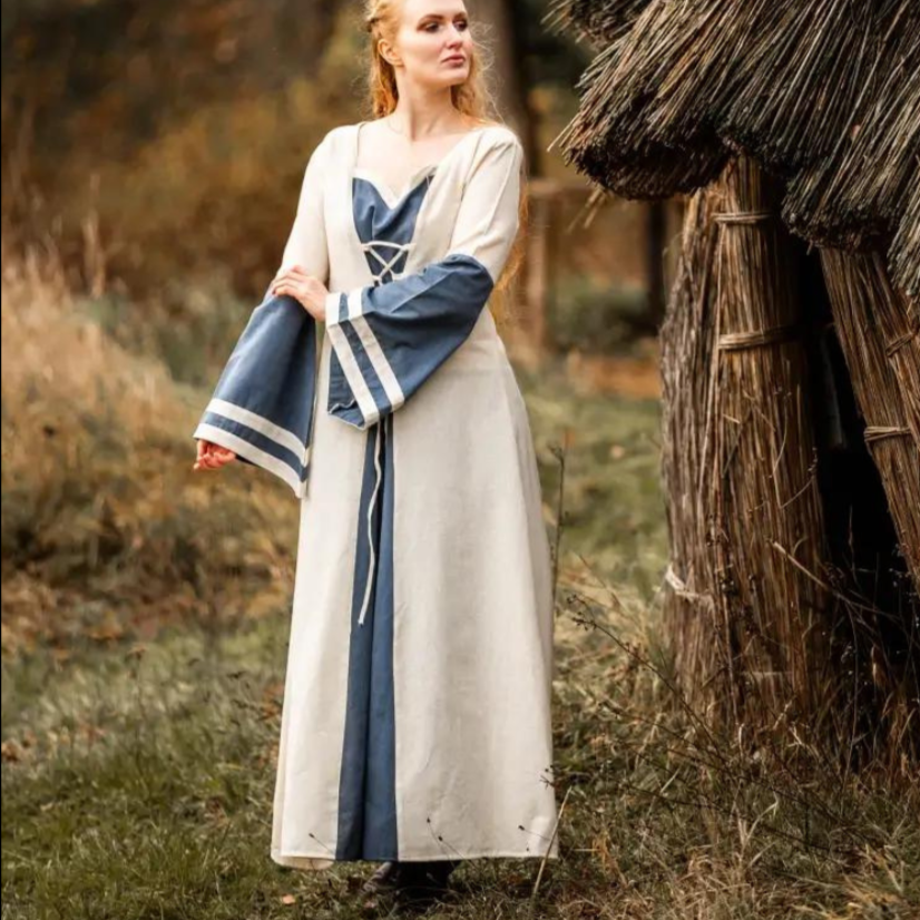 Natural and Blue Cotton Viking-Inspired Pirate Dress | Long-Sleeve