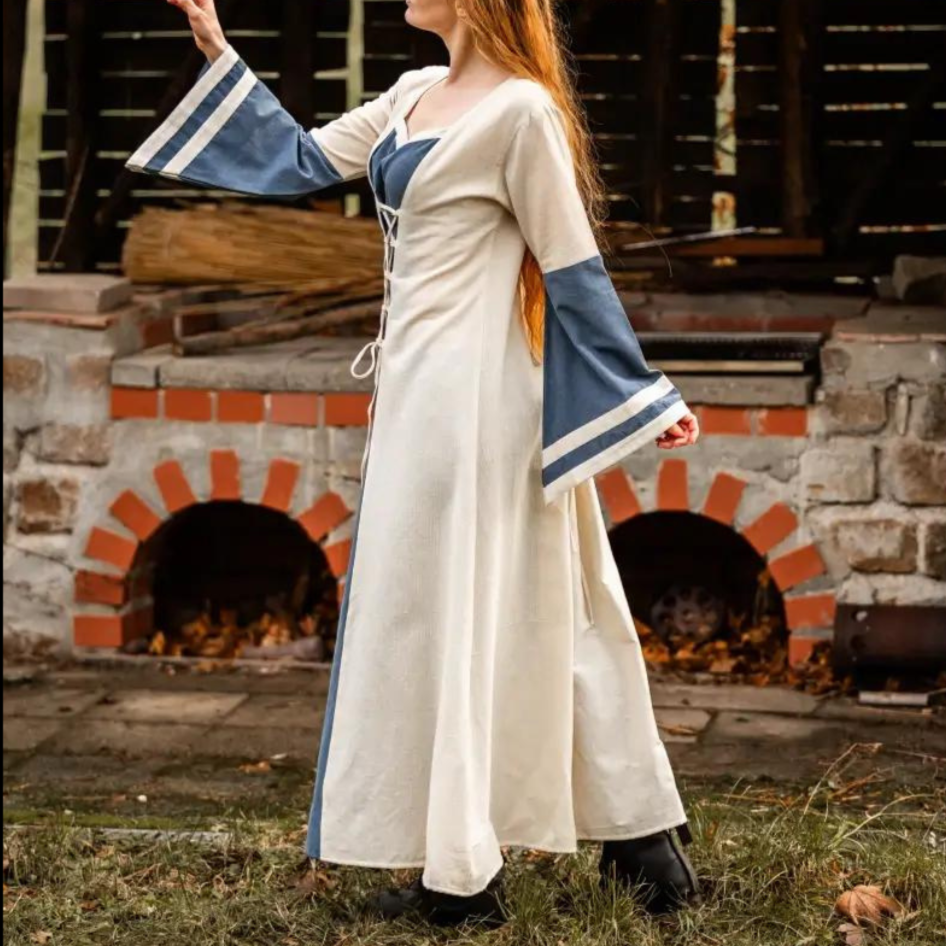 Natural and Blue Cotton Viking-Inspired Pirate Dress | Long-Sleeve