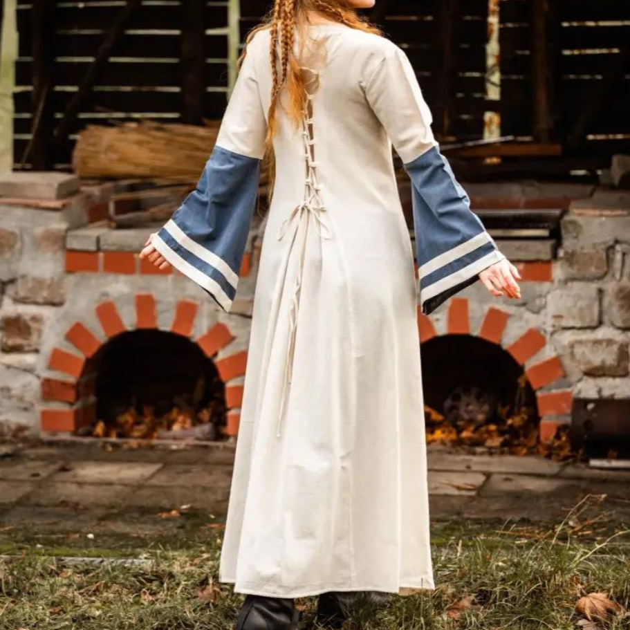 Natural and Blue Cotton Viking-Inspired Pirate Dress | Long-Sleeve