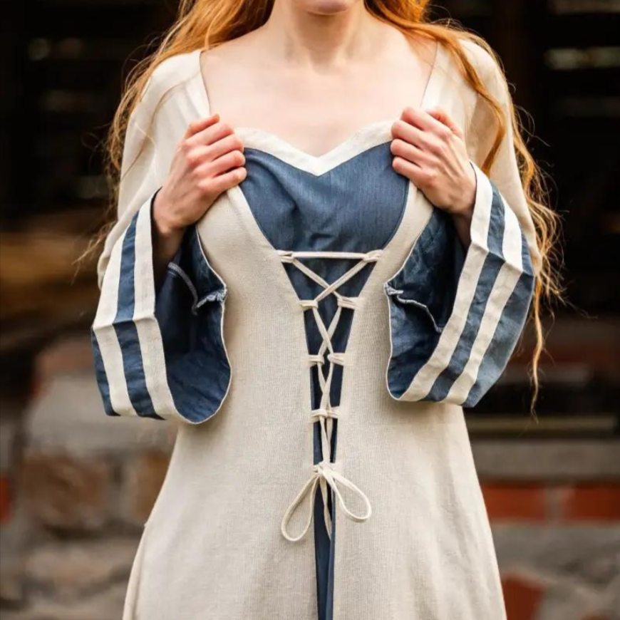 Natural and Blue Cotton Viking-Inspired Pirate Dress | Long-Sleeve