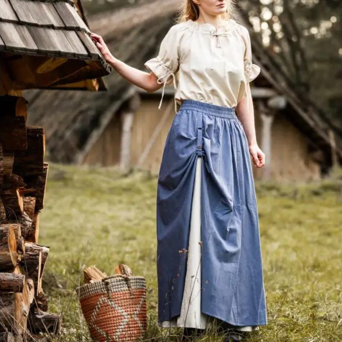 Blue and Natural Pirate Skirt | Double Layer | Side Slit