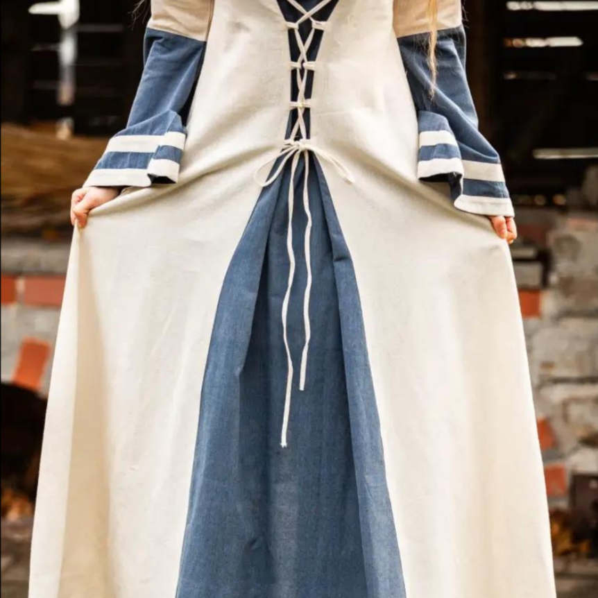 Natural and Blue Cotton Viking-Inspired Pirate Dress | Long-Sleeve