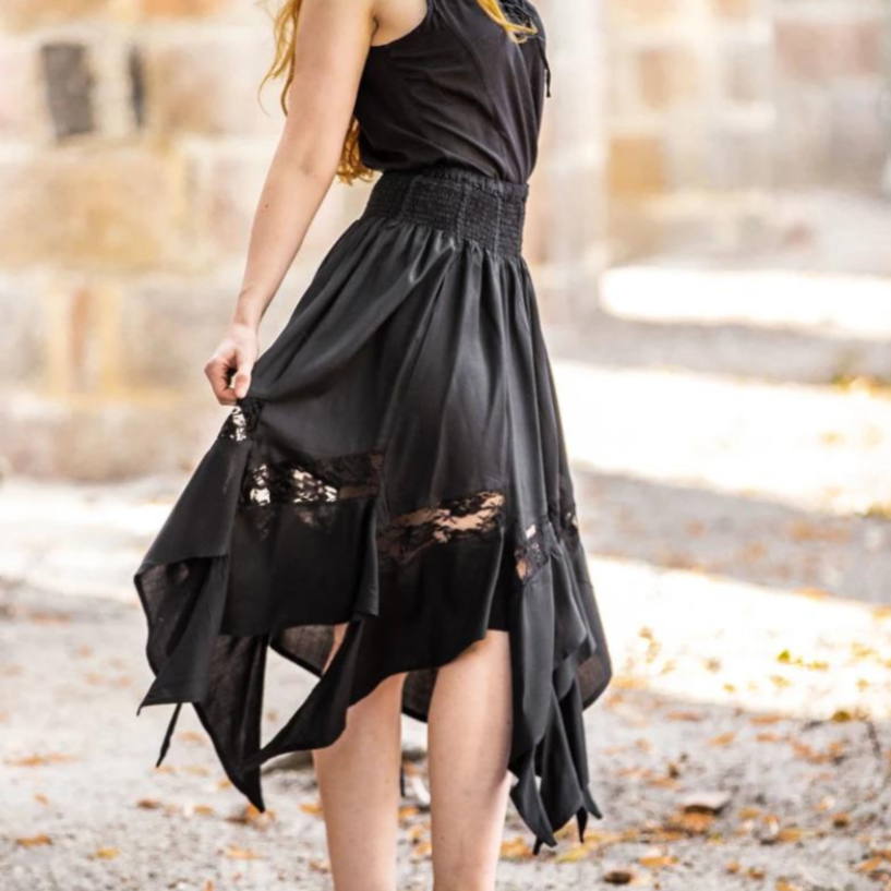 Black Pirate Skirt with Elastic Waistband | Lace Detailing