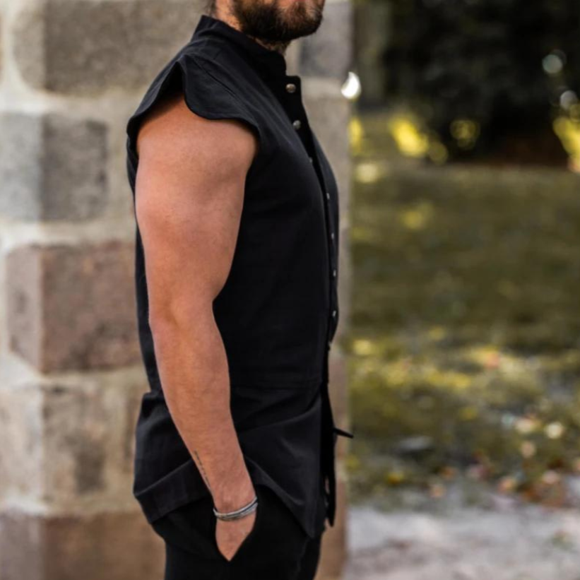 Black Sleeveless Button-Up Cotton Vest | Authentic Pirate Attire