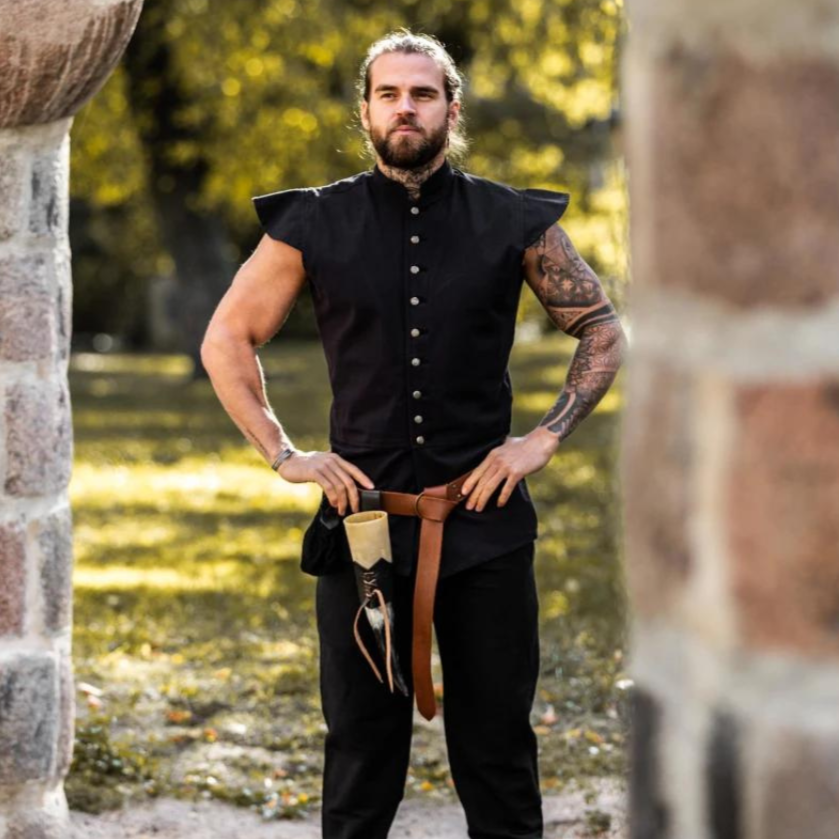 Black Sleeveless Button-Up Cotton Vest | Authentic Pirate Attire