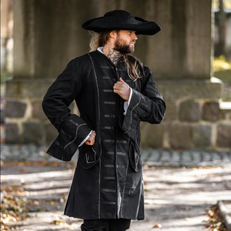 Black Long Frock Pirate Coat with Metal Buttons | Seafarer's Attire