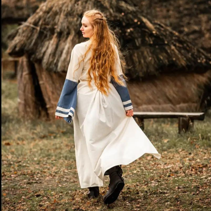 Natural and Blue Cotton Viking-Inspired Pirate Dress | Long-Sleeve