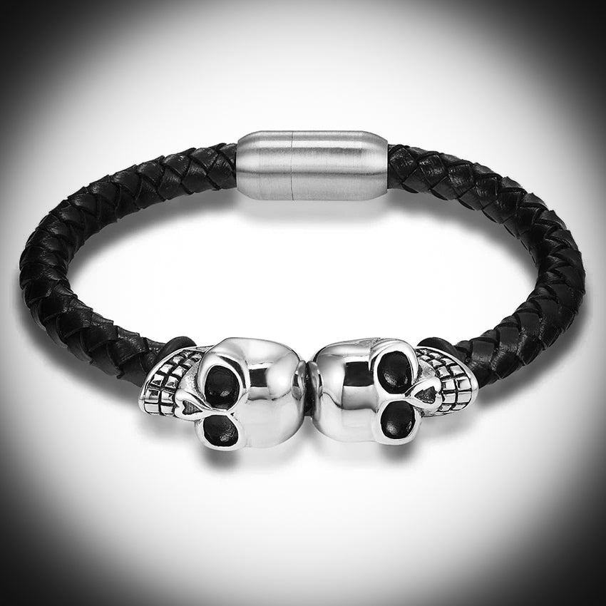 Double Skull Braided Leather Bangle in Silver Finish