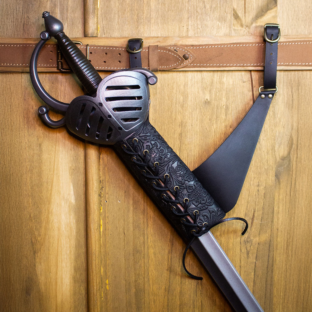 Adjustable Laced Leather Sword Hanger shown with sword