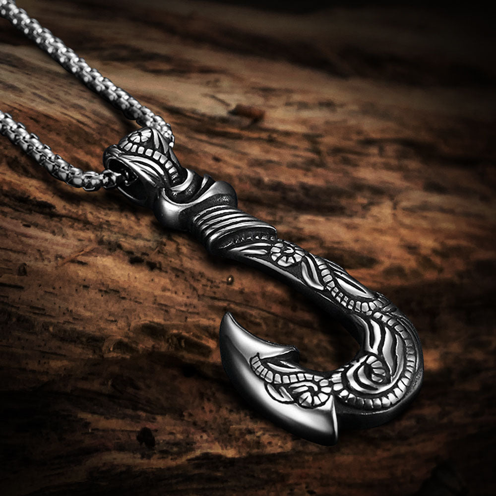 Mythical Fish Hook Silver Pendant | Pirate Prosperity Necklace