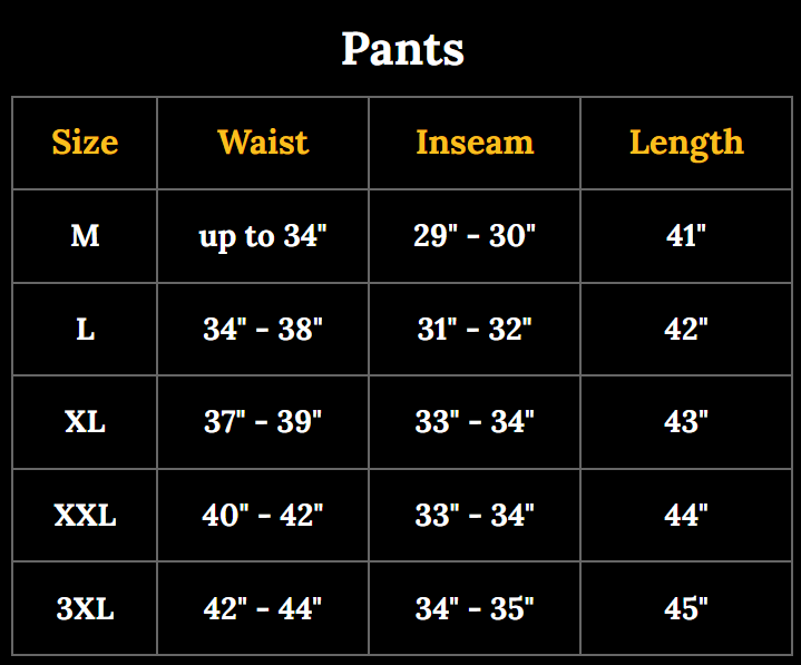 Viking Warrior Pants Size Chart 