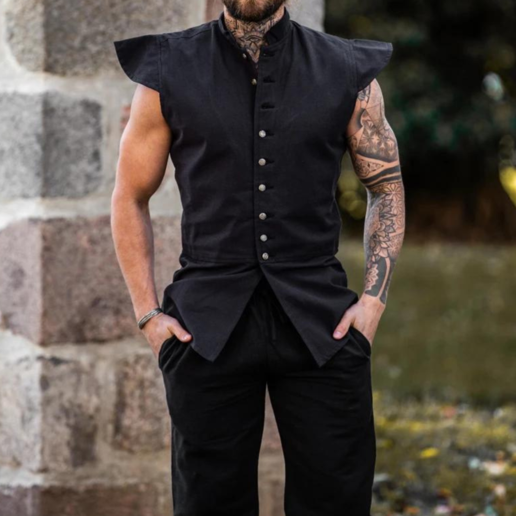 Black Sleeveless Button-Up Cotton Vest | Authentic Pirate Attire