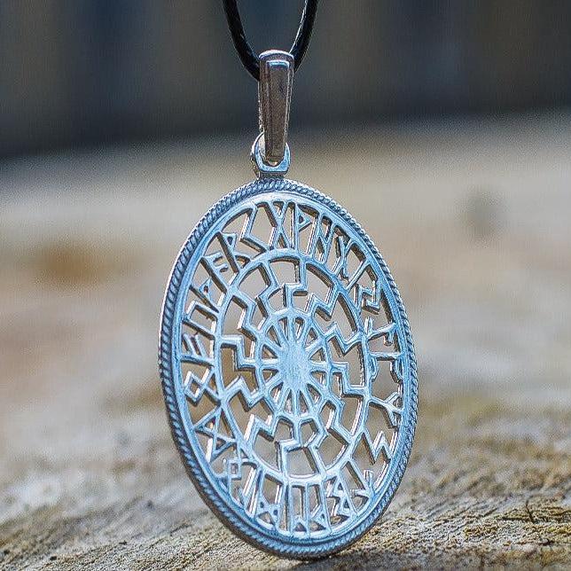 Black Sun Symbol with Runic Calendar Sterling Silver Pendant-2