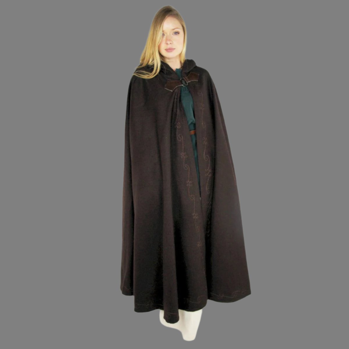 Brown Hooded Viking Cloak With Embroidery