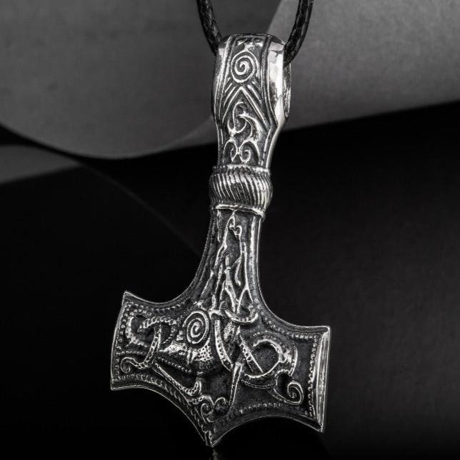 Huge Thor's Hammer Pendant Sterling Silver Mjolnir with Ornaments from Mammen Village-1