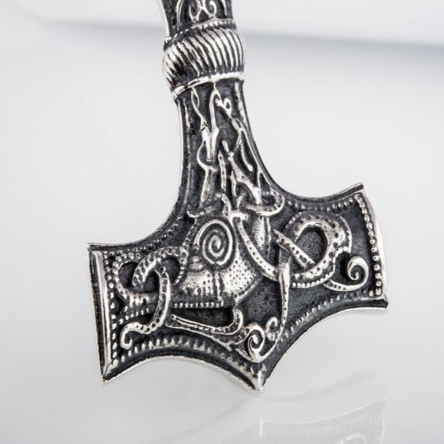 Huge Thor's Hammer Pendant Sterling Silver Mjolnir with Ornaments from Mammen Village-2