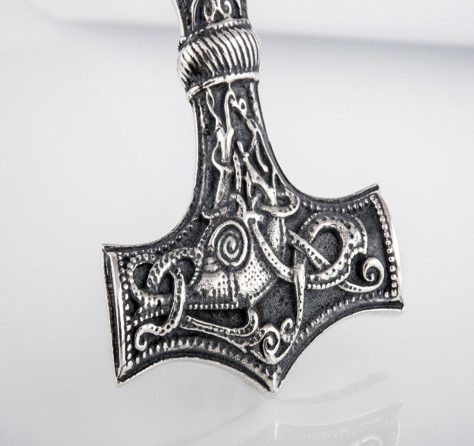 Huge Thor's Hammer Pendant Sterling Silver Mjolnir with Ornaments from Mammen Village-2