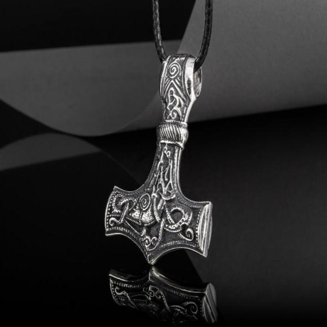 Huge Thor's Hammer Pendant Sterling Silver Mjolnir with Ornaments from Mammen Village-4