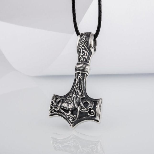 Huge Thor's Hammer Pendant Sterling Silver Mjolnir with Ornaments from Mammen Village-5