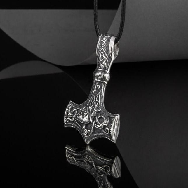 Huge Thor's Hammer Pendant Sterling Silver Mjolnir with Ornaments from Mammen Village-6