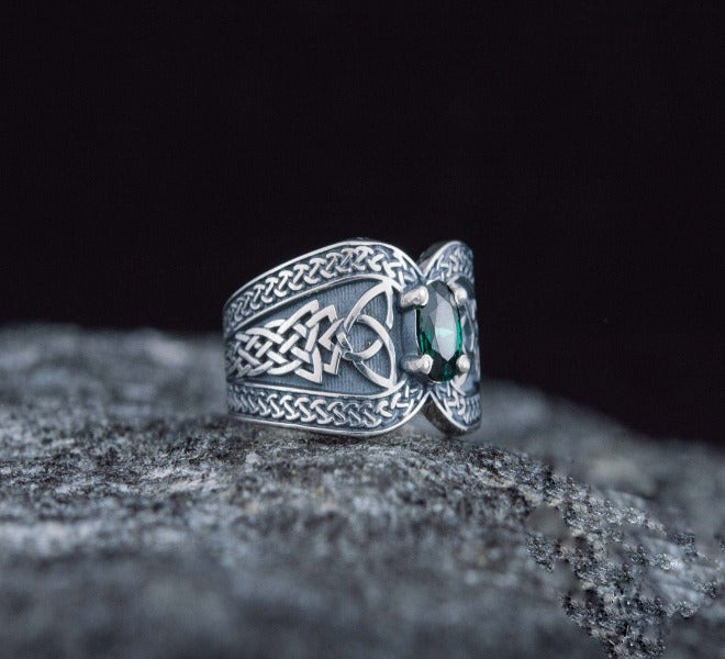 Norse Ring with Green Gem Sterling Silver Jewelry-7