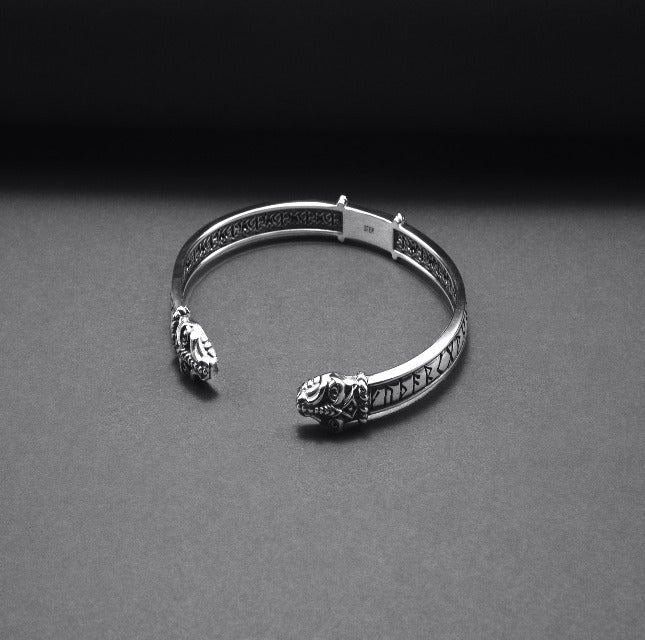 Silver Jormungandr Viking Bracelet with Elder Futhark Runes