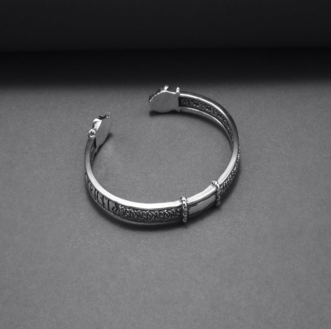 Silver Jormungandr Viking Bracelet with Elder Futhark Runes-5