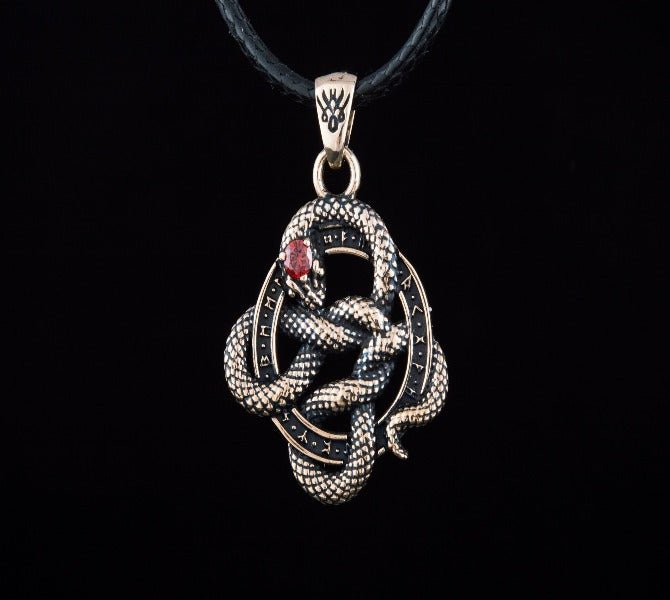 Snake Pendant with Runes and Red Cubic Zirconia Bronze Norse Jewelry-2