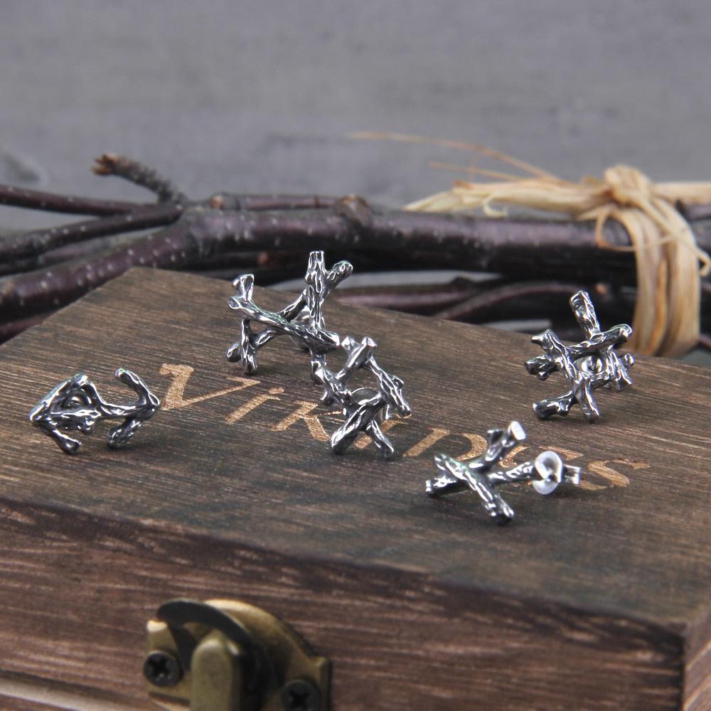 Steel Branch Futhark Rune Stud Earrings