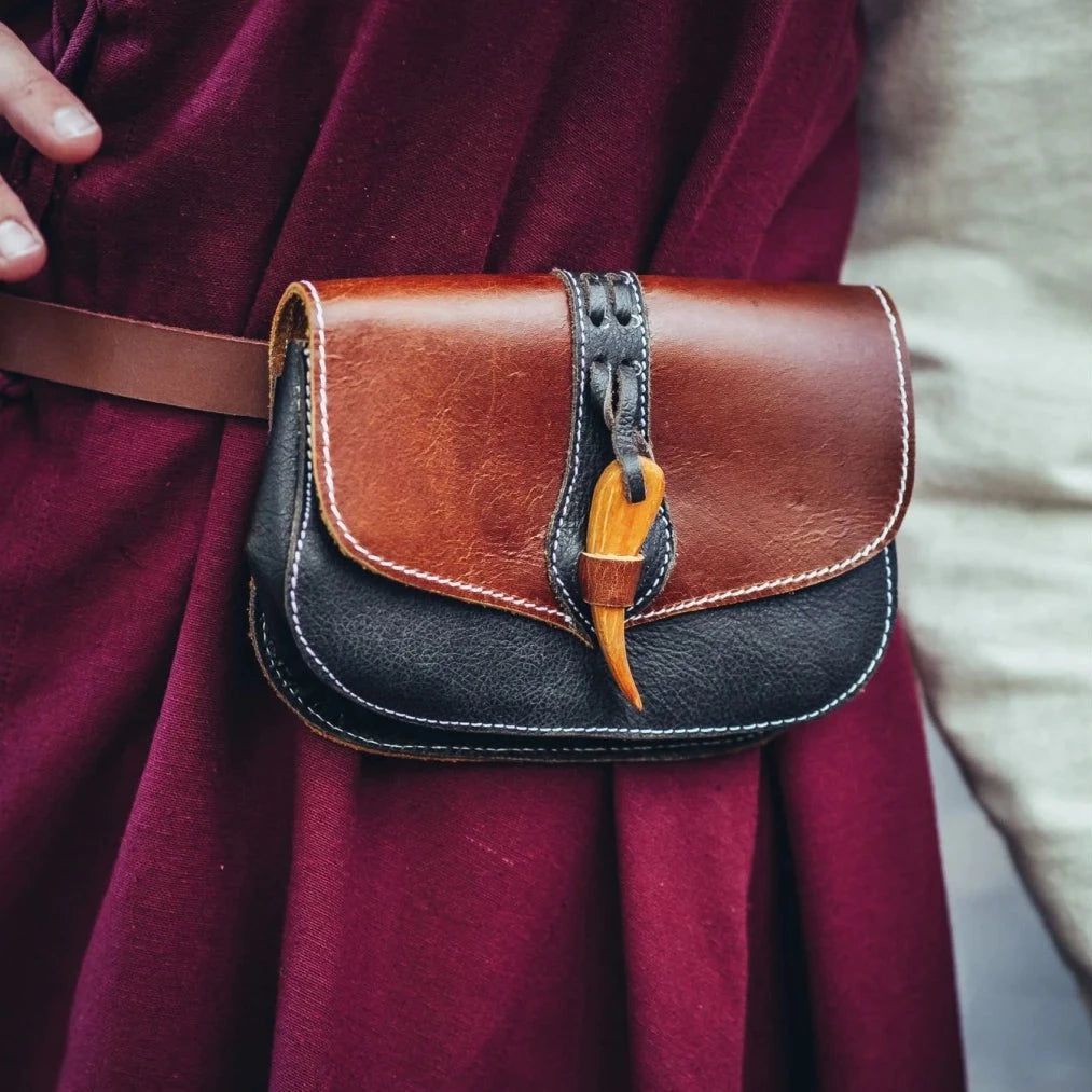 Viking Bag - Leather with Wooden Clasp Closure Belt Pouch