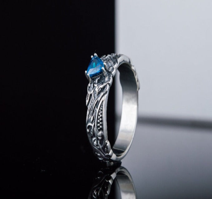 Viking Ring with Blue Gem Sterling Silver Jewelry-5