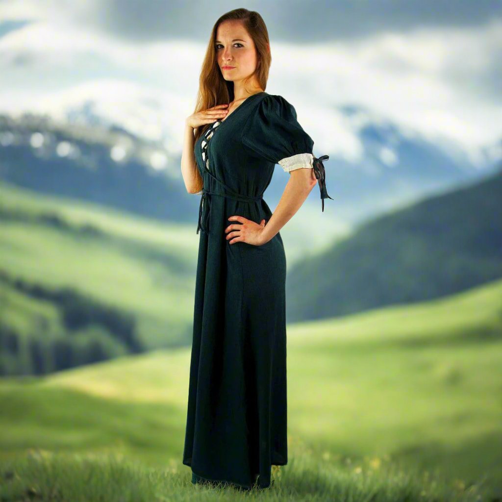 Viking Summer Dress in Green with Laced Front and Sleeves-3