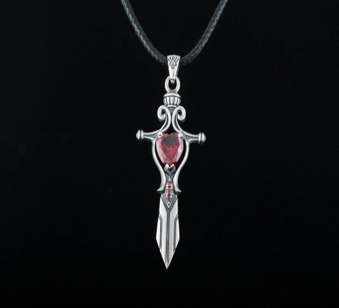 Viking Sword Pendant with Red Cubic Zirconia Sterling Silver Handmade Jewelry-4