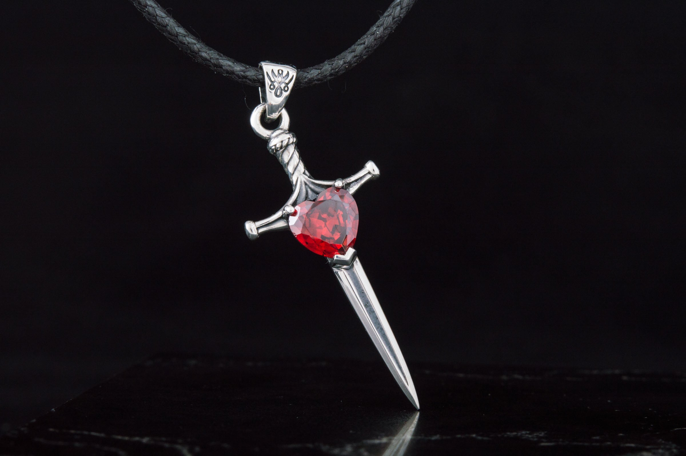 Viking Sword Pendant with Red Cubic Zirconia Sterling Silver Handmade Jewelry-6