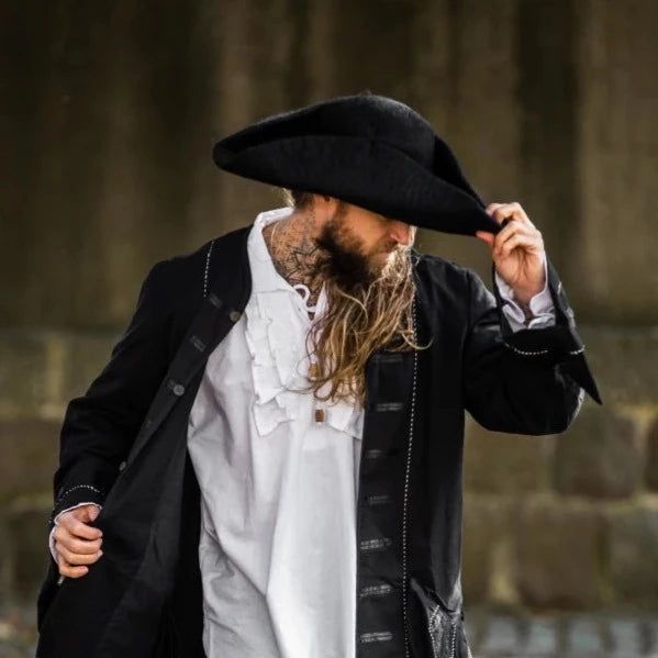 Authentic Black Tricorn Pirate Hat | Felted Wool