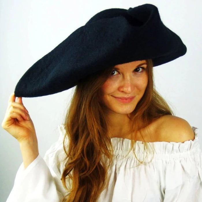 Authentic Black Tricorn Pirate Hat | Felted Wool