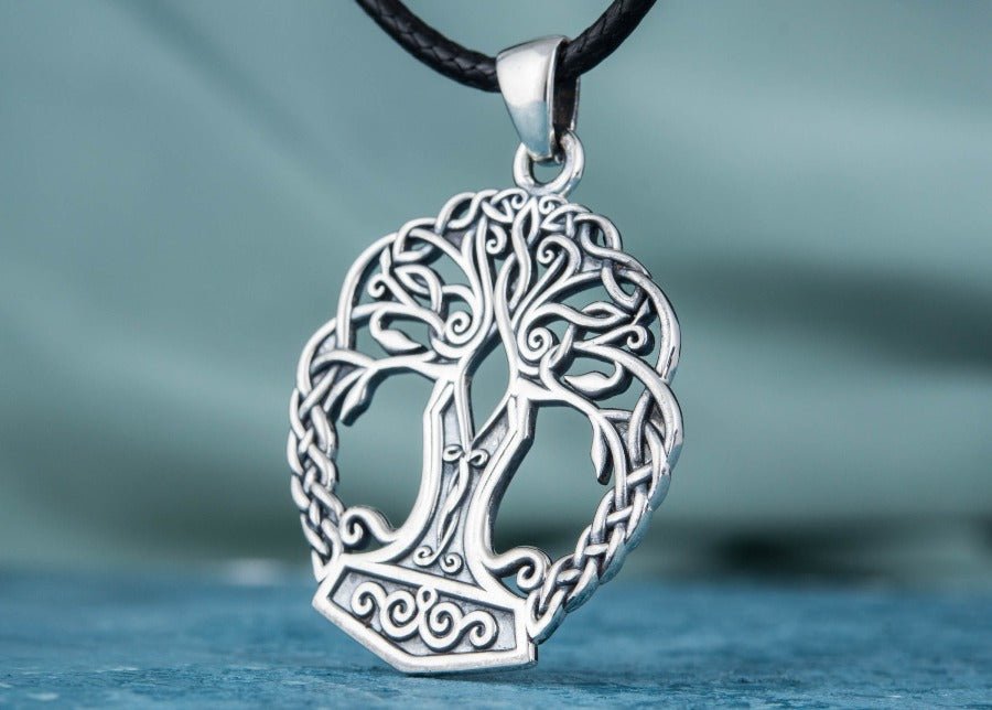 Yggdrasil with Mjolnir Pendant Handmade Sterling Silver Viking Necklace-5