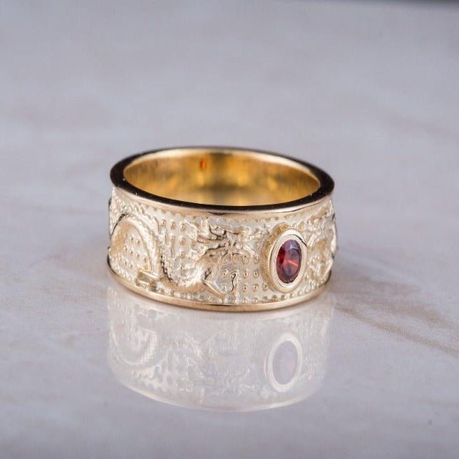 14K Gold Ring with Dragon and Red Cubic Zirconia Jewelry-3