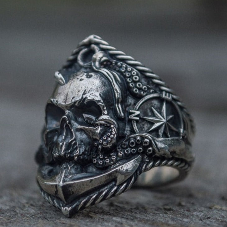 Gothic Skull and Anchor Pirate Ring