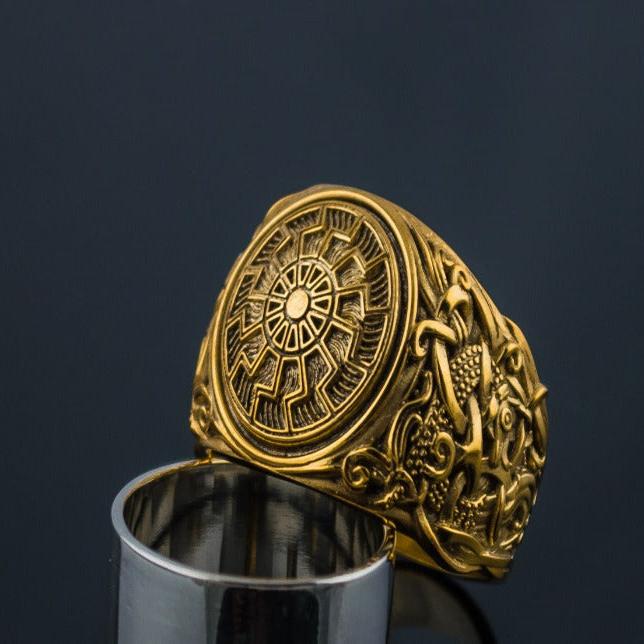 14K Gold Black Sun Ring with Mammen Ornament Pirate Jewelry