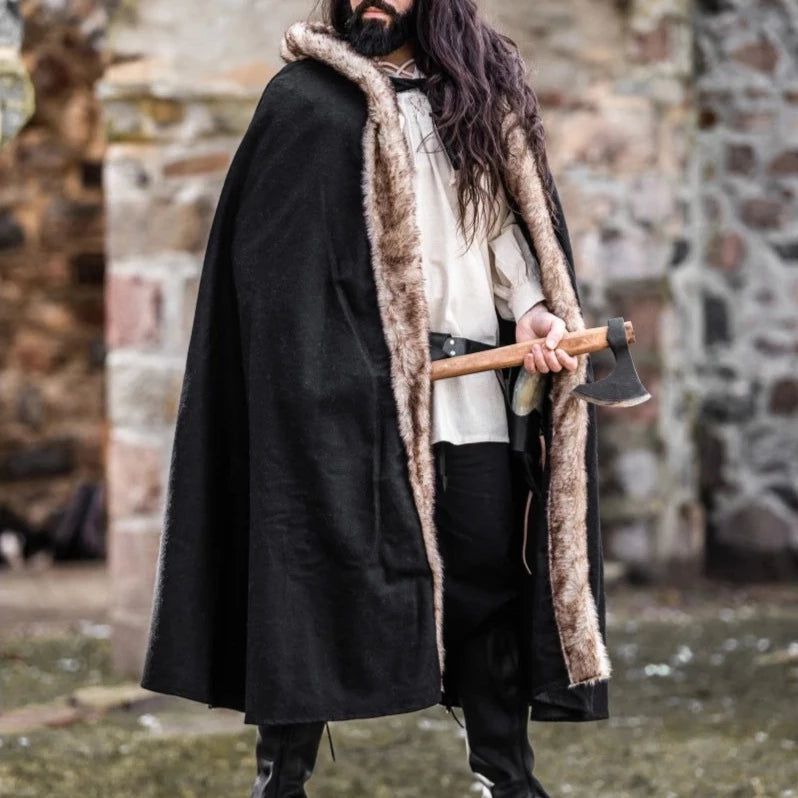 Black Hooded Viking Cloak or Cape With Faux Fur