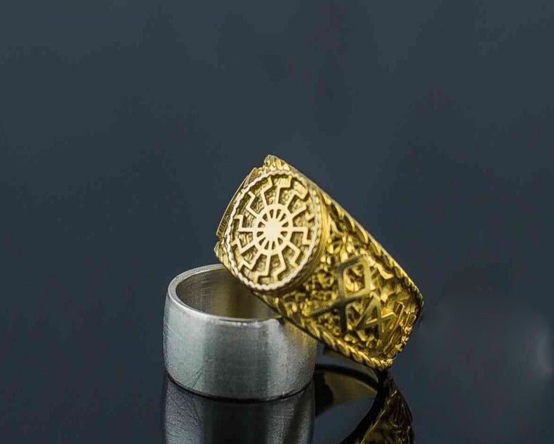 14K Gold Black Sun Ring with HAIL ODIN Runes 