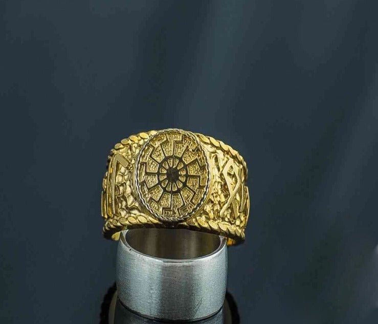 14K Gold Black Sun Ring with HAIL ODIN Runes 