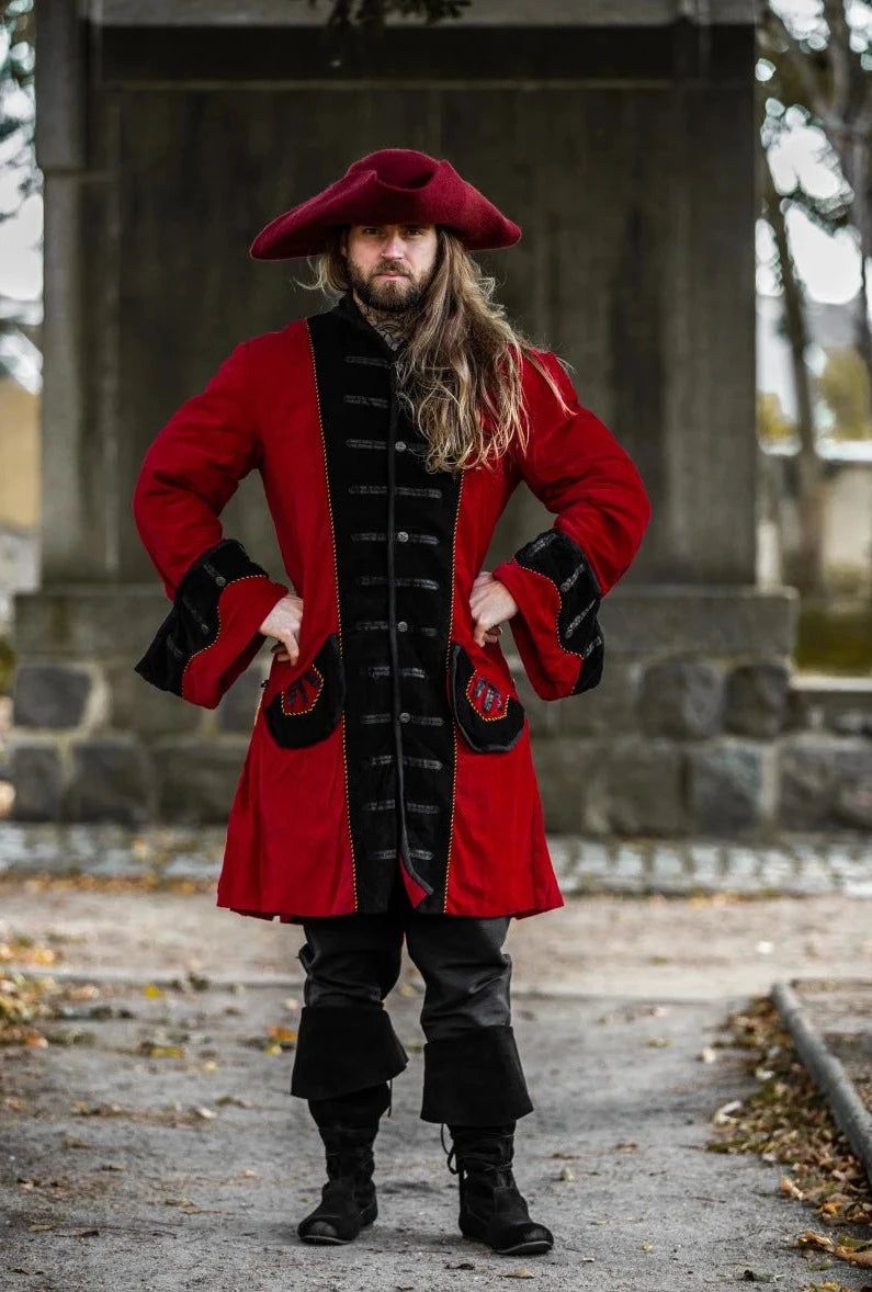 Velvet-Lined Blackbeard Pirate Coat | Knee-Length | Wide Cuff Sleeves