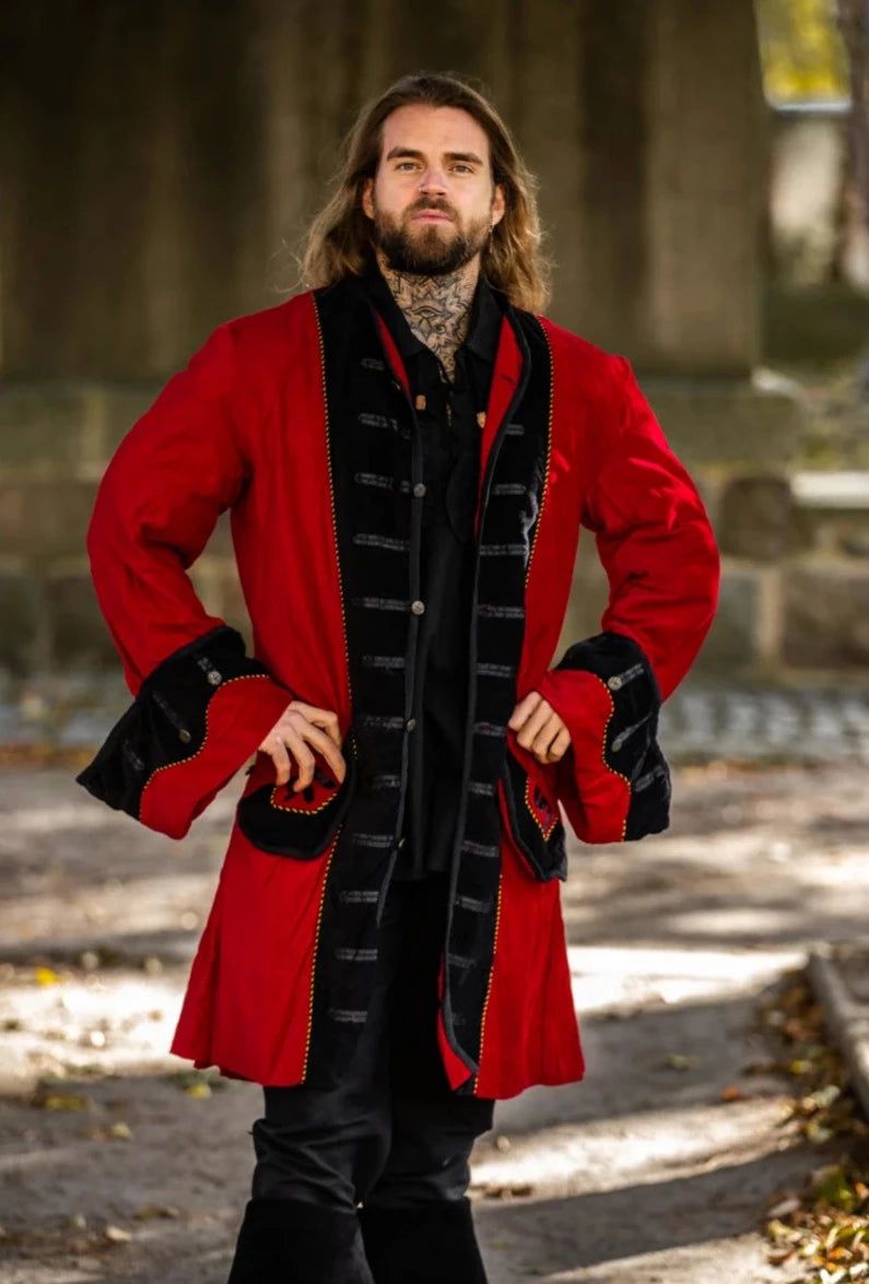 Velvet-Lined Blackbeard Pirate Coat | Knee-Length | Wide Cuff Sleeves