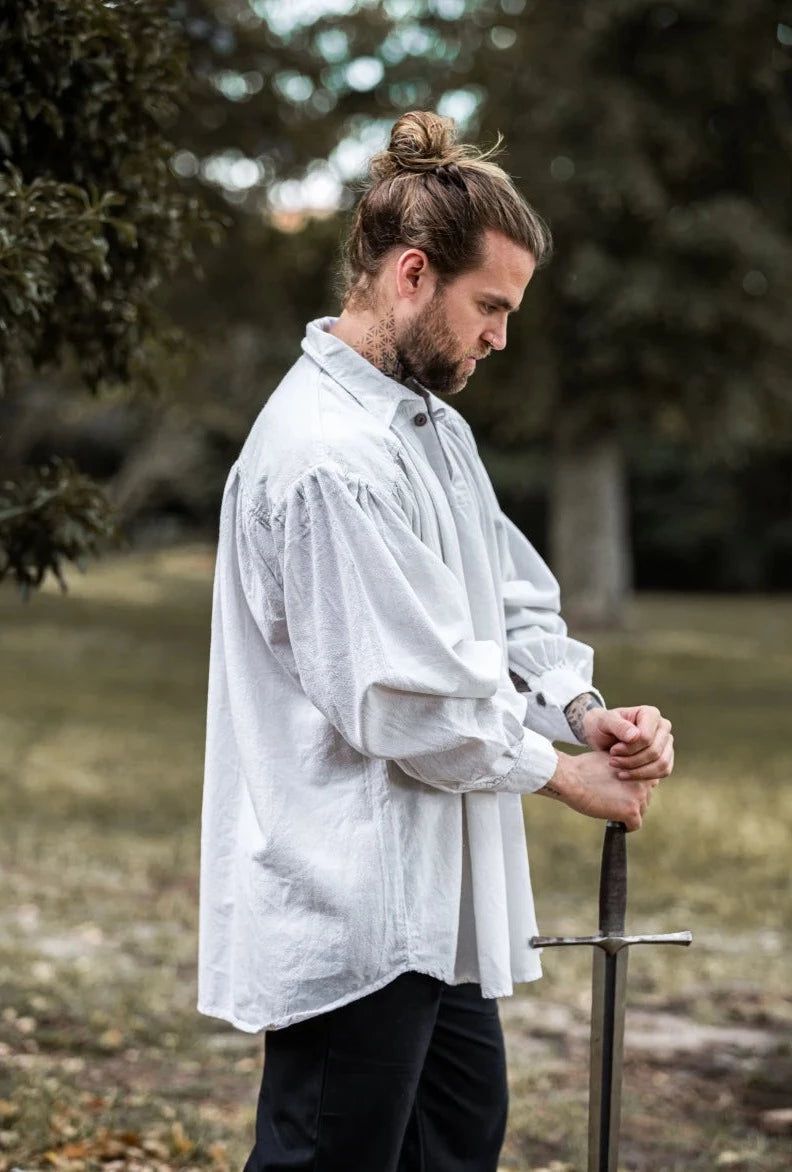 Loose Fitting White Cotton Pirate Shirt | Wooden Buttons on Décolleté